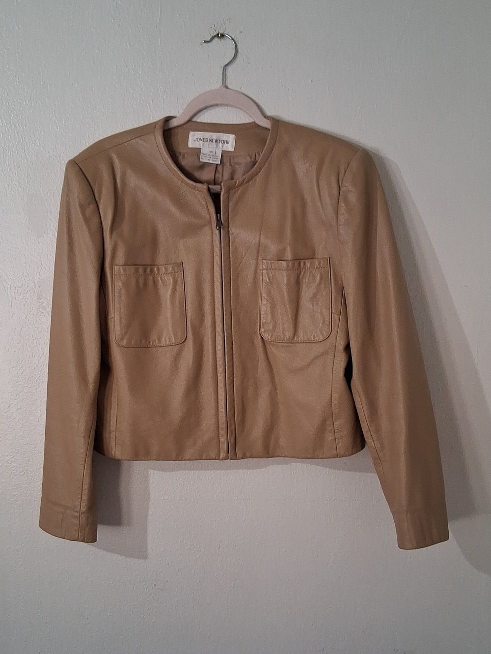 Tan Cropped Leather Zip Jacket